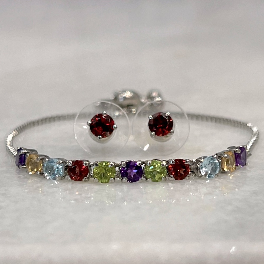 Multigemstone Silver BOLO Bracelet and Stud Earring Set
